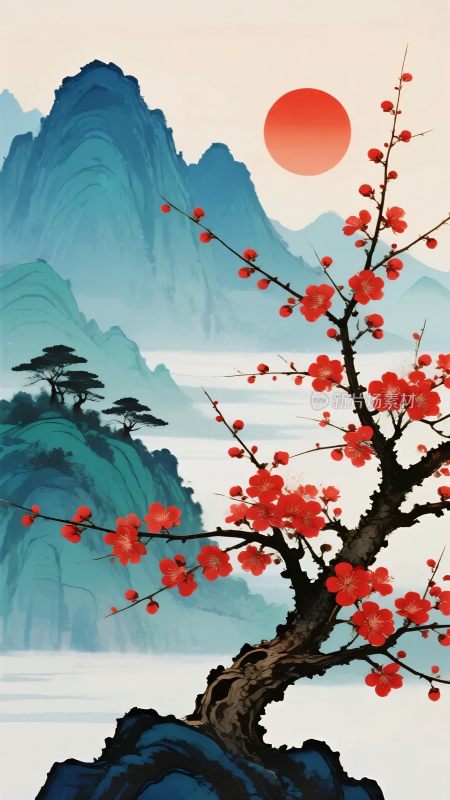 红梅映山红日图