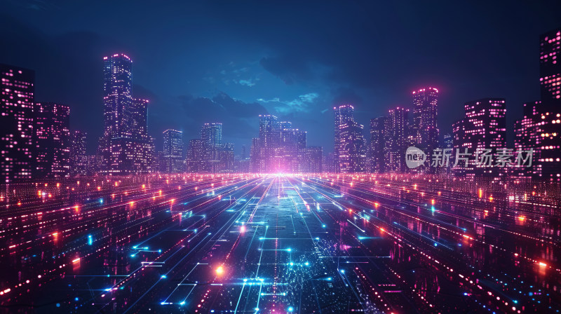 充满科技感的灯光照亮的城市网络科技背景