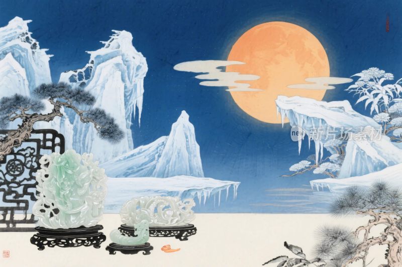 山水古韵雪夜月景