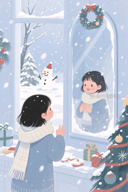 冬日窗前圣诞女孩插画