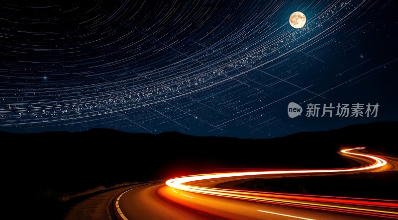夜空下的星轨与车灯轨迹交织
