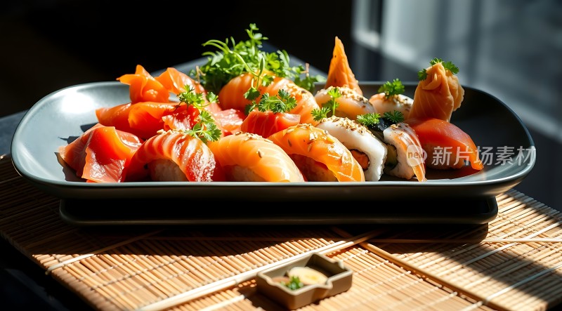 阳光下的日式寿司拼盘