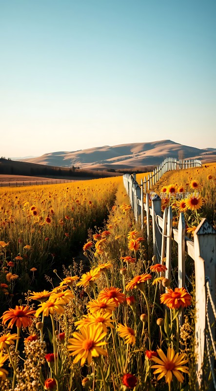 阳光下的花海与木栅栏