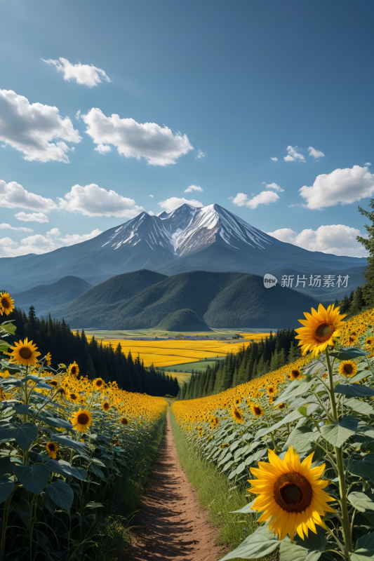 背景中一片向日葵田和一座高山清风景插图片