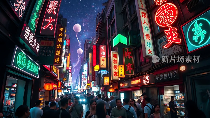 霓虹灯下的繁华夜市