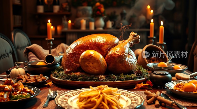 感恩节丰盛晚餐火鸡美食盛宴