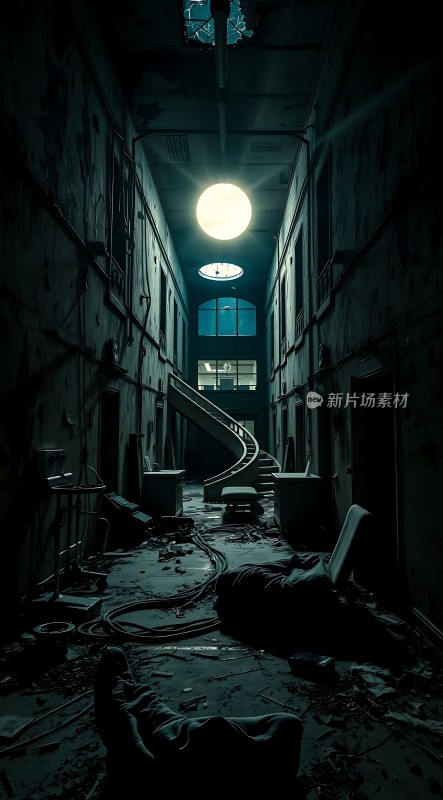 废弃建筑中的神秘光线与螺旋楼梯