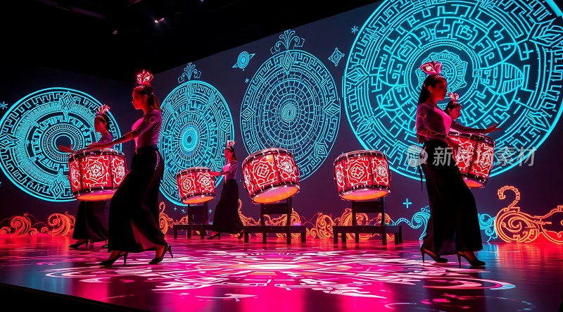 舞者击鼓背景图案华丽灯光璀璨