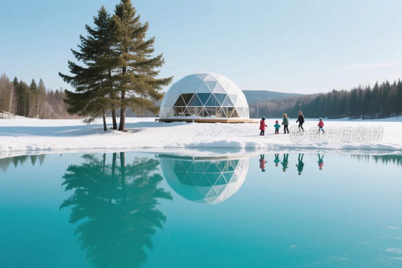 雪地上的透明圆顶屋与行人