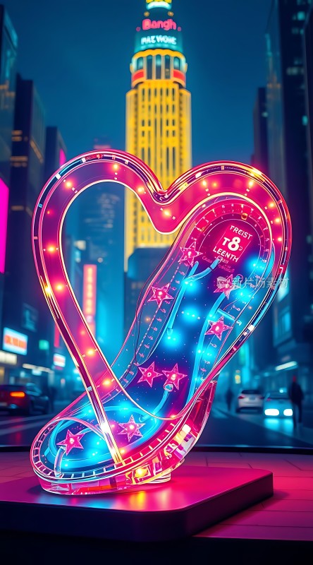 霓虹心形装置城市夜景中的浪漫象征