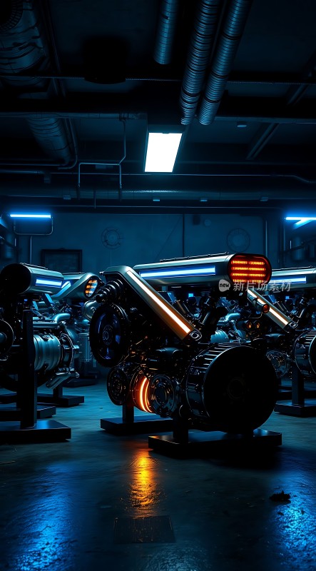 未来科技实验室机械装置与霓虹灯光交织