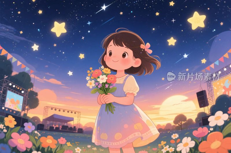 女孩捧花夜空插画