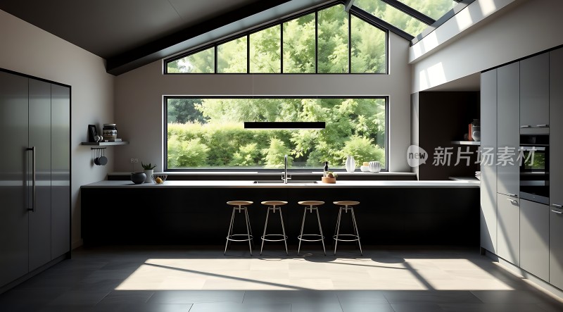 现代厨房设计自然光线充足简约风格宽敞明亮