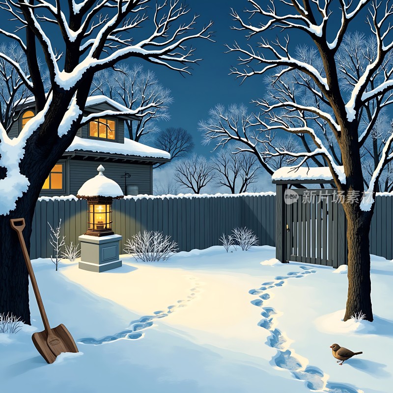 雪夜小院温馨宁静