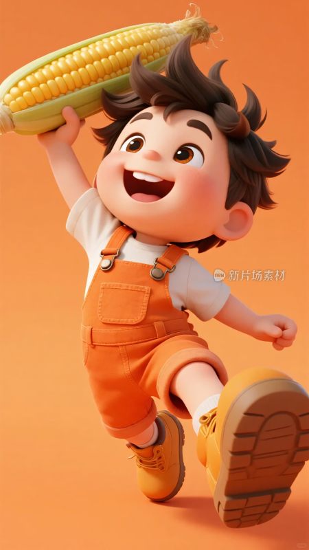 扛着玉米奔跑的小男孩