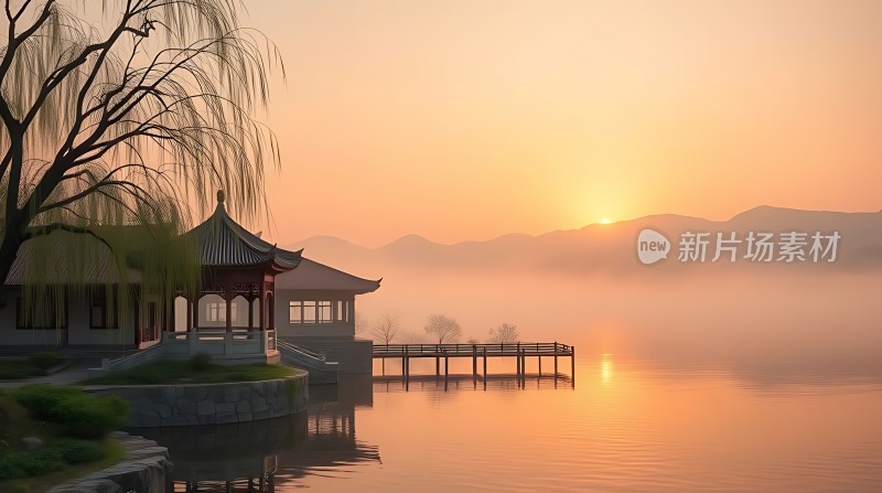 湖畔古亭映朝霞