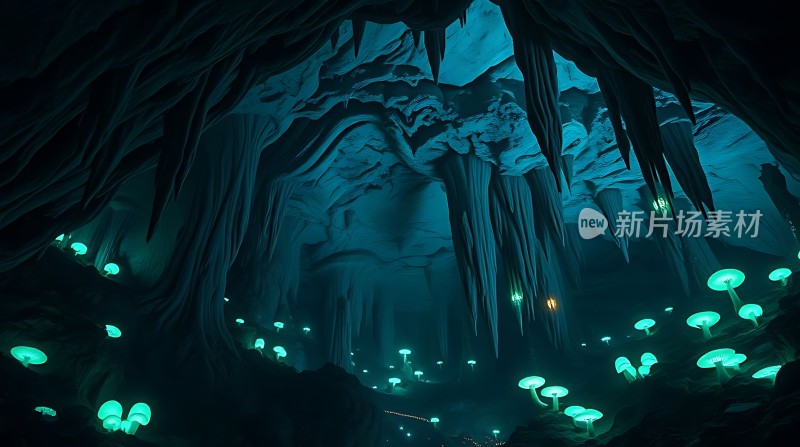 神秘洞穴中的荧光蘑菇