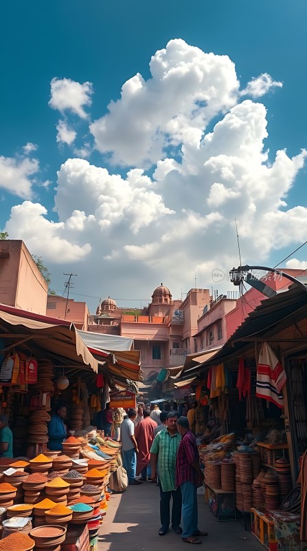 蓝天白云下热闹集市色彩斑斓的商品琳琅满目