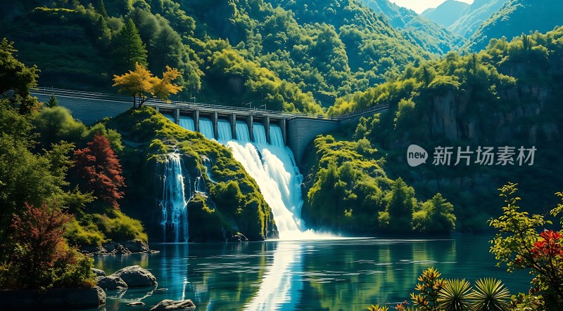 瀑布飞流直下绿树成荫碧波荡漾