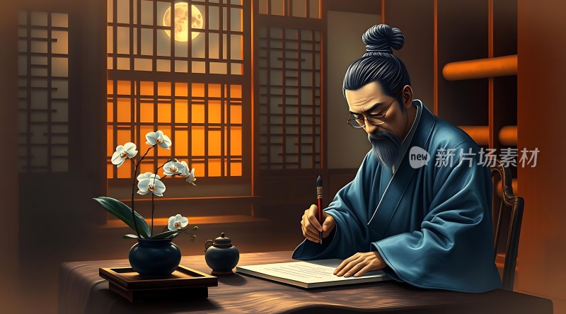 古风书生夜读图