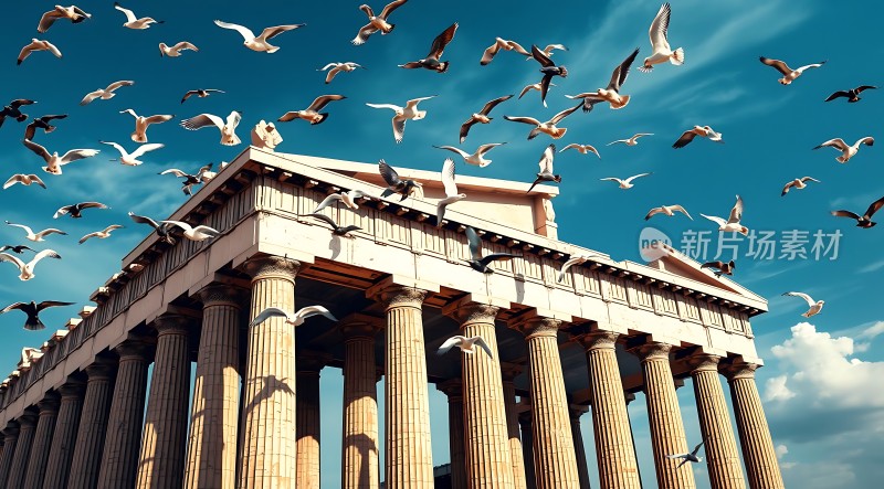 飞翔的海鸥与古希腊建筑
