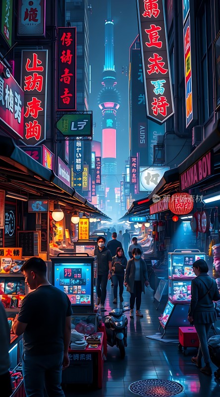 霓虹灯下的繁华夜市