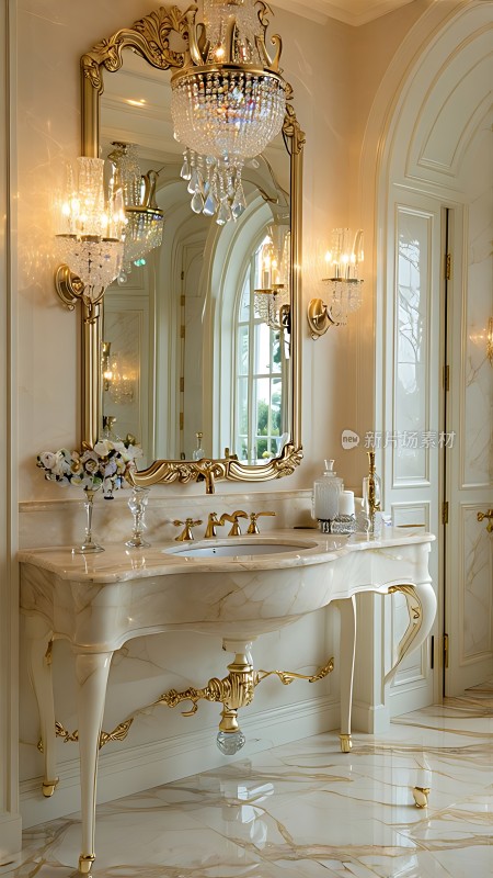 金色奢华浴室大理石洗手台与水晶吊灯