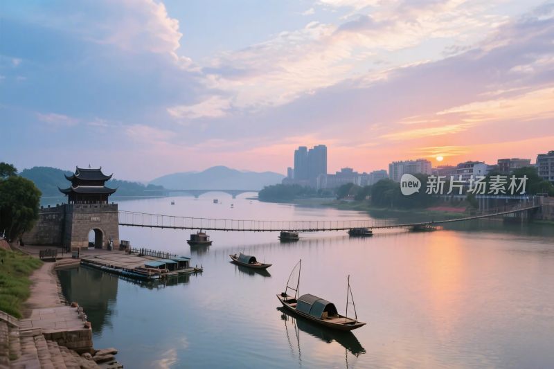 古塔夕阳河岸风光