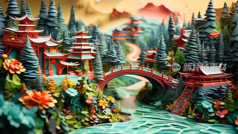 中国风绿色山水衍纸艺术
