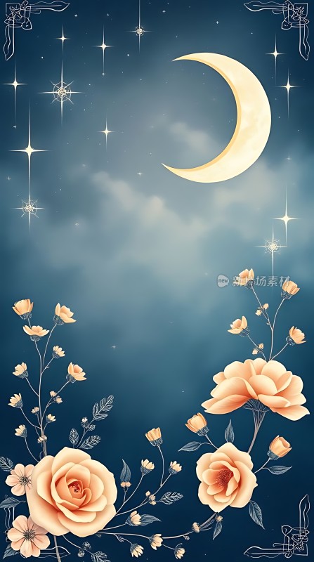 夜空下的玫瑰与弯月