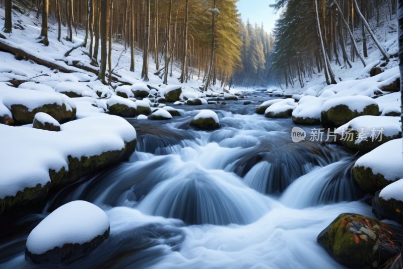 树林里的雪溪有岩石和树木高清风景图片