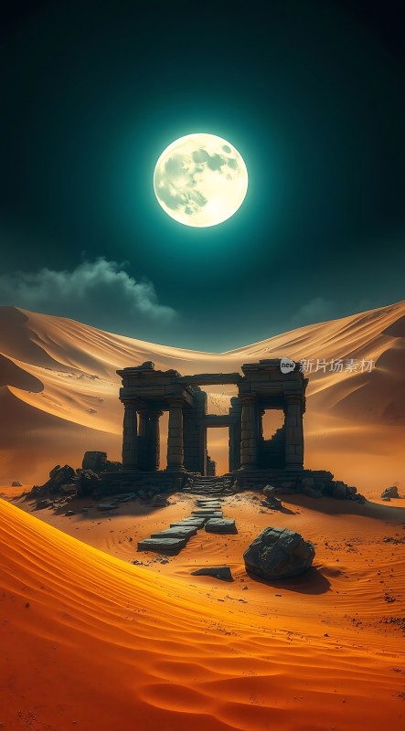 沙漠古遗迹下的满月之夜