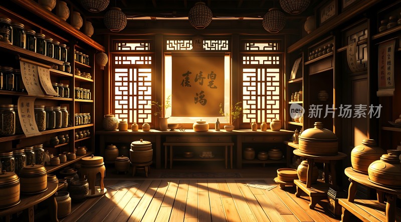 古风药铺阳光洒落中药罐排列整齐木制家具古朴典雅