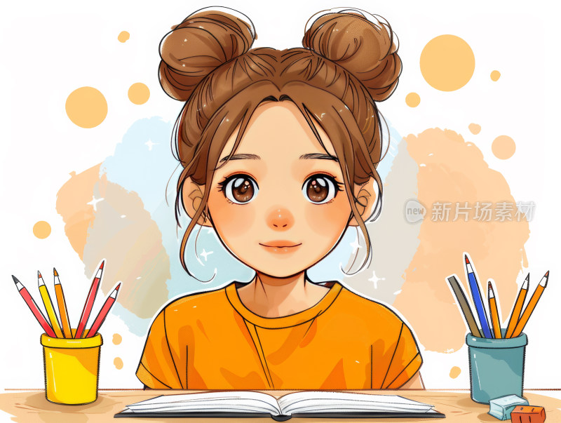 正在学习的萌系卡通女孩学生