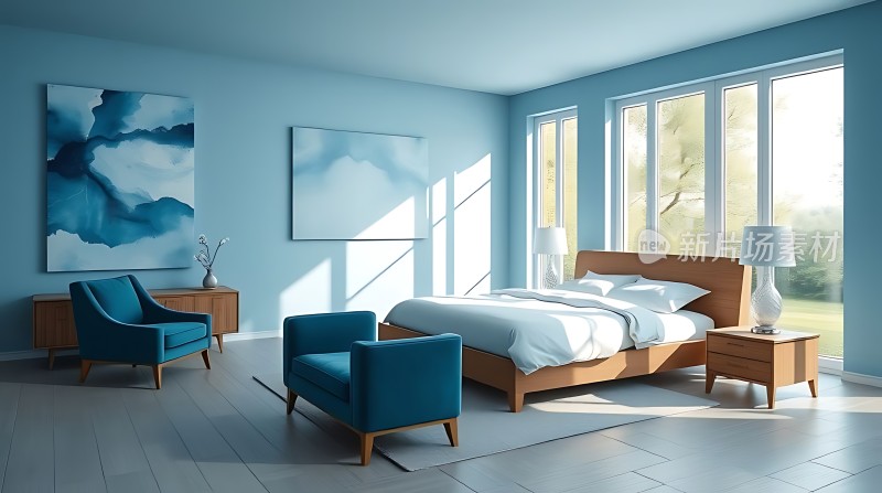 现代简约卧室蓝色调温馨宁静