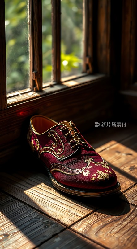 阳光下的红色雕花皮鞋