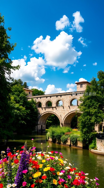 蓝天白云下的石桥与多彩花朵