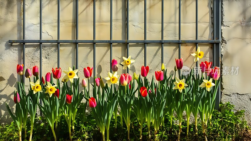 春日暖阳下的郁金香与水仙花