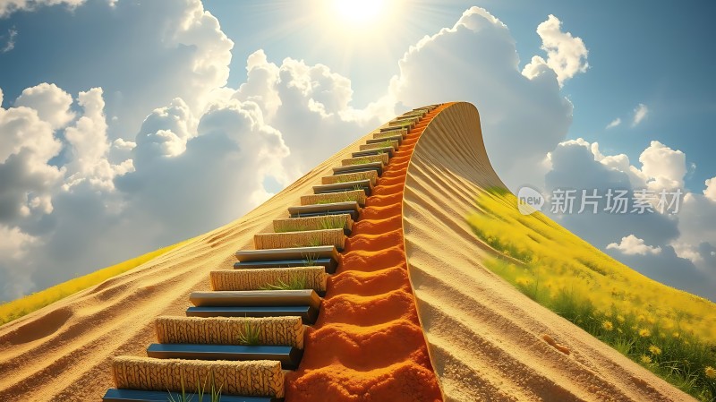 阳光下的金色阶梯通往云端