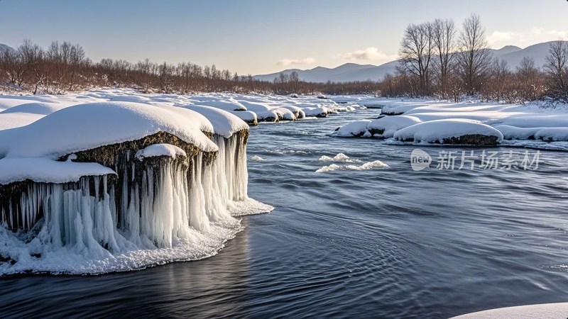 小雪节气河道冰凌雪景摄影唯美壁纸图