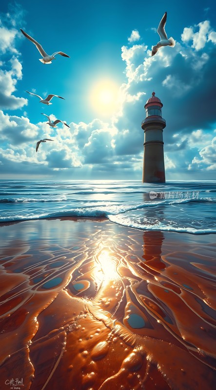 阳光下的灯塔与飞翔的海鸥