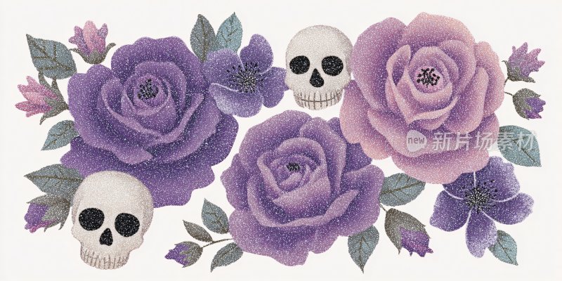 骷髅与紫色花卉插画
