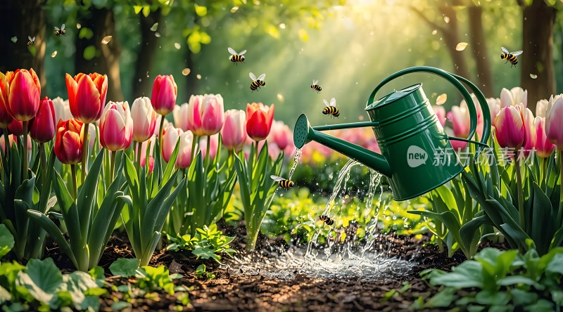 阳光下的郁金香与蜜蜂