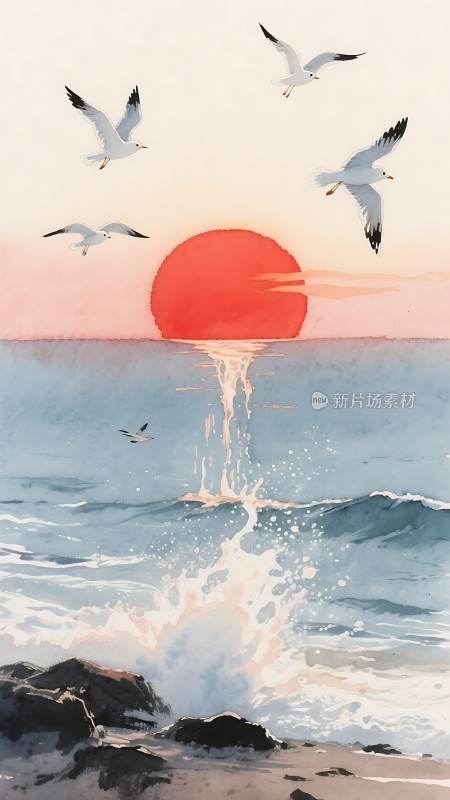 海鸥翱翔日落时分的海洋