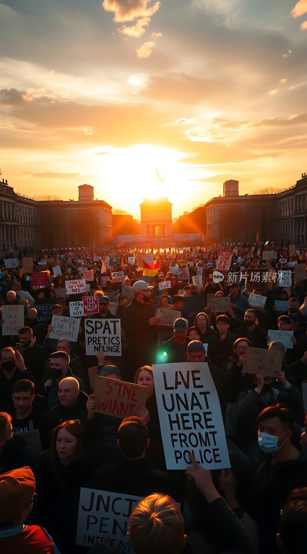 抗议现场日落下的示威人群与标语牌