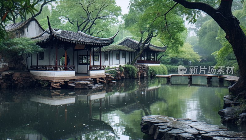 拙政园雨中亭阁