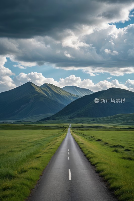 一条漫长路穿过一片绿油油田野高山