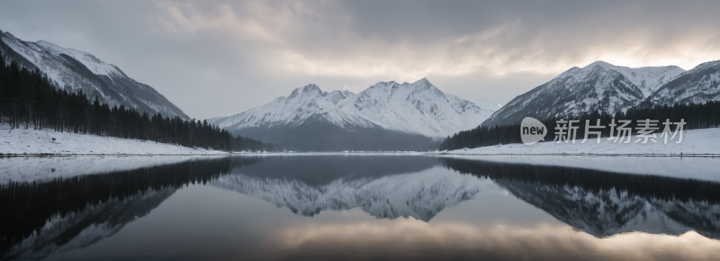 山倒映在雪景中部的湖泊中高清风景横幅图片