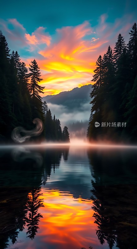 日出林间湖畔映照