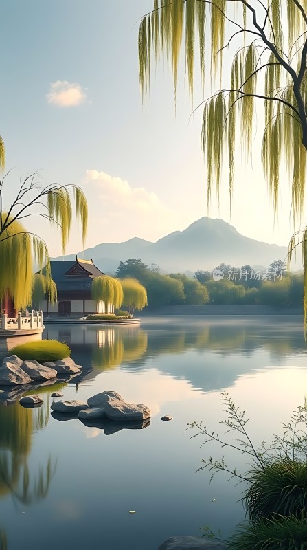 湖畔古亭柳垂岸